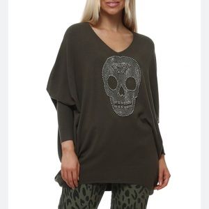 ENZORIA green sequin beaded skull jumper top